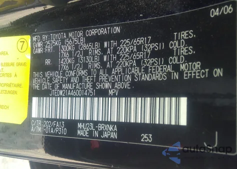 2006 Toyota Highlander Hybrid V6 из США, поврежденный, VIN JTEDW21A460014751